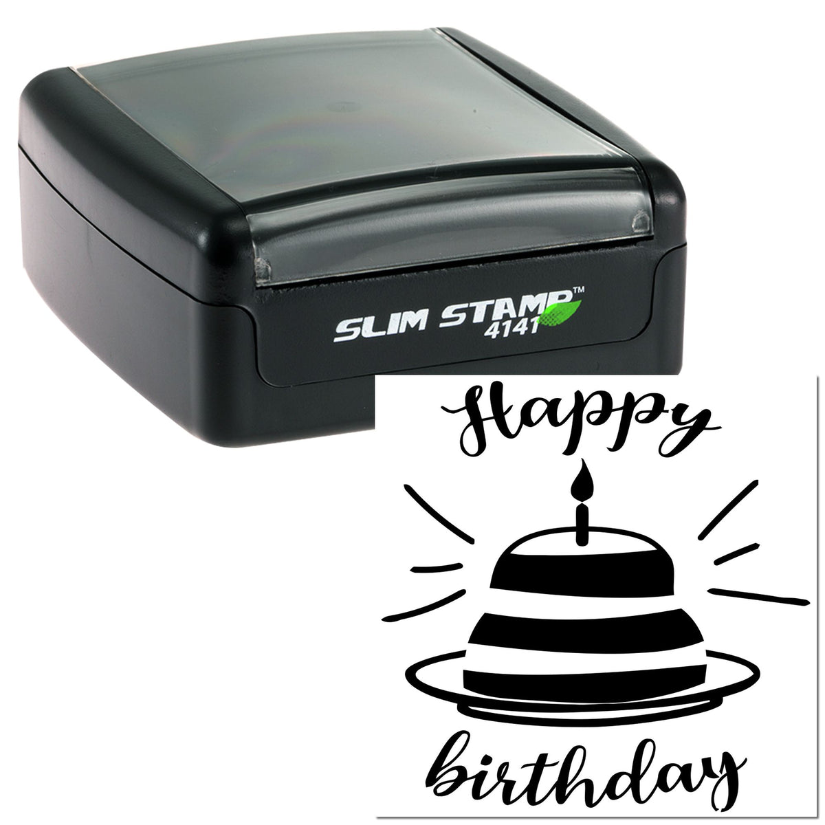 Black self-inking stamp with birthday seal design, featuring happy birthday script and cake icon on white.