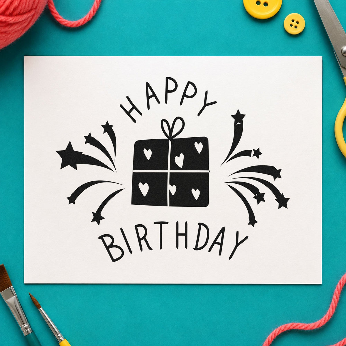 Birthday Heart Gift Fireworks craft stamp imprint in black ink on a handmade project, one idea being donated gift tags.