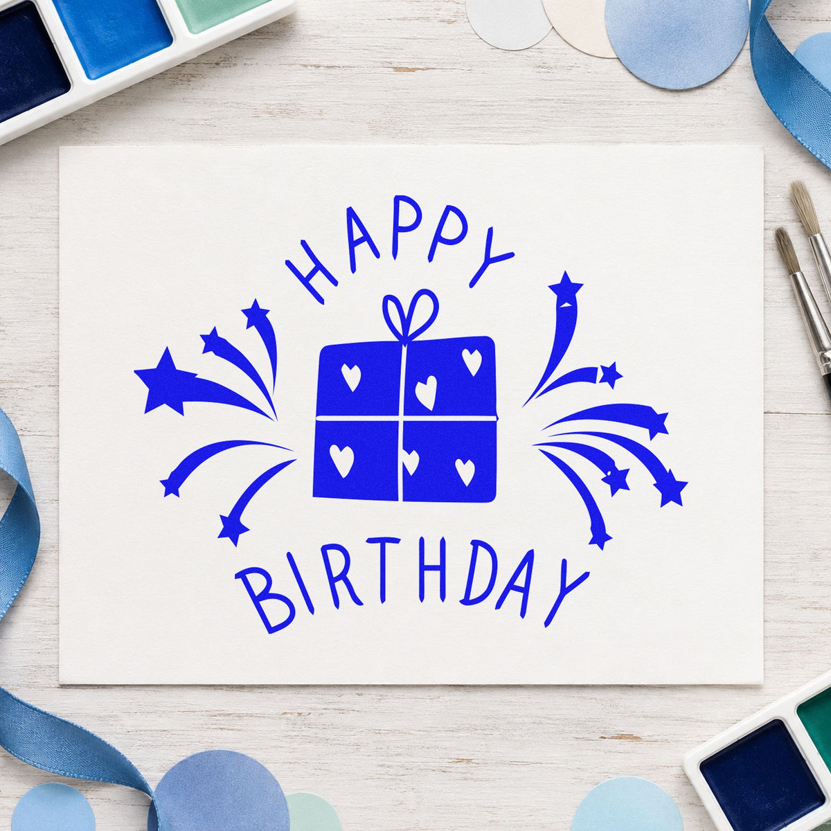 Birthday Heart Gift Fireworks craft stamp in blue ink on cardstock, an easy option for wrap cloth printing.