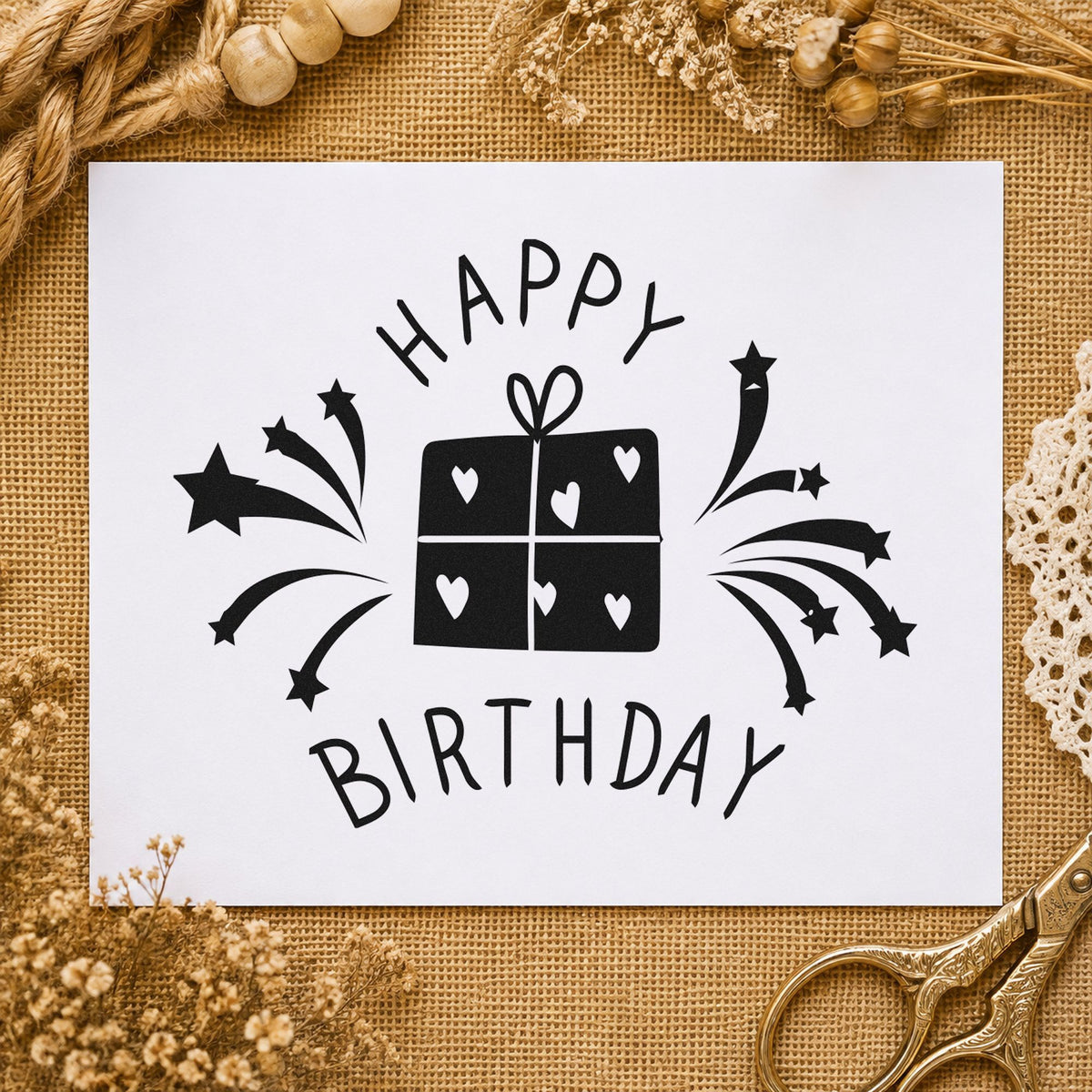 Birthday Heart Gift Fireworks rubber stamp printed in black ink, ready for star tipped cards and similar paper crafts.