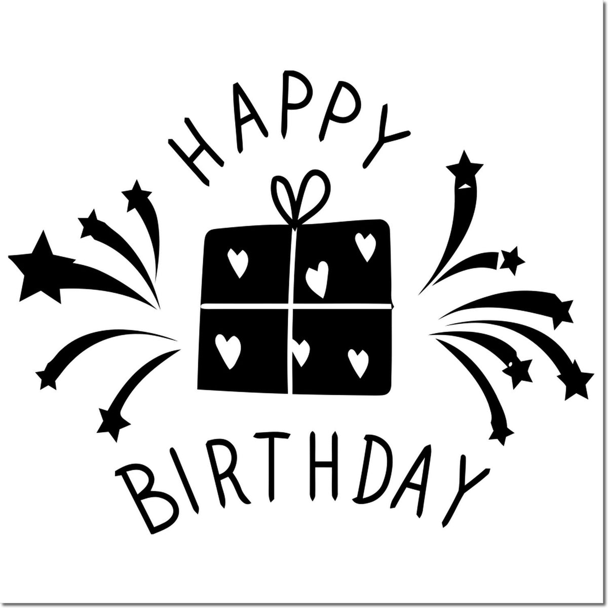 Black Happy Birthday rubber stamp seal with heart gift box and star fireworks on white background