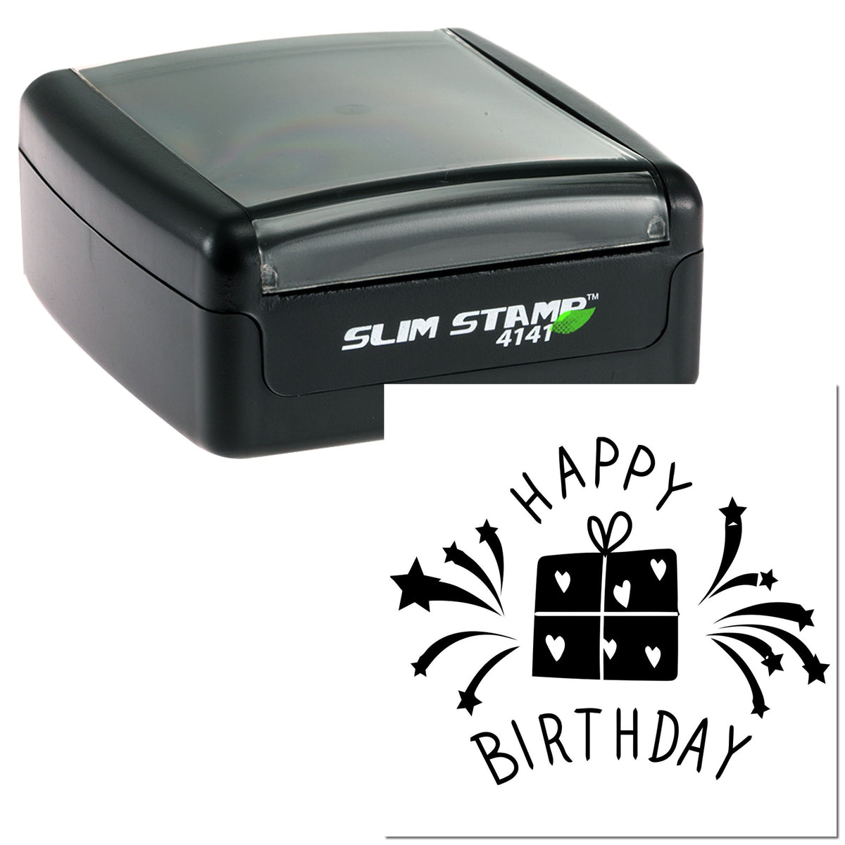 Black Slim Stamp 4141 self-inking stamp with a birthday seal design featuring a gift, hearts, and stars on white.