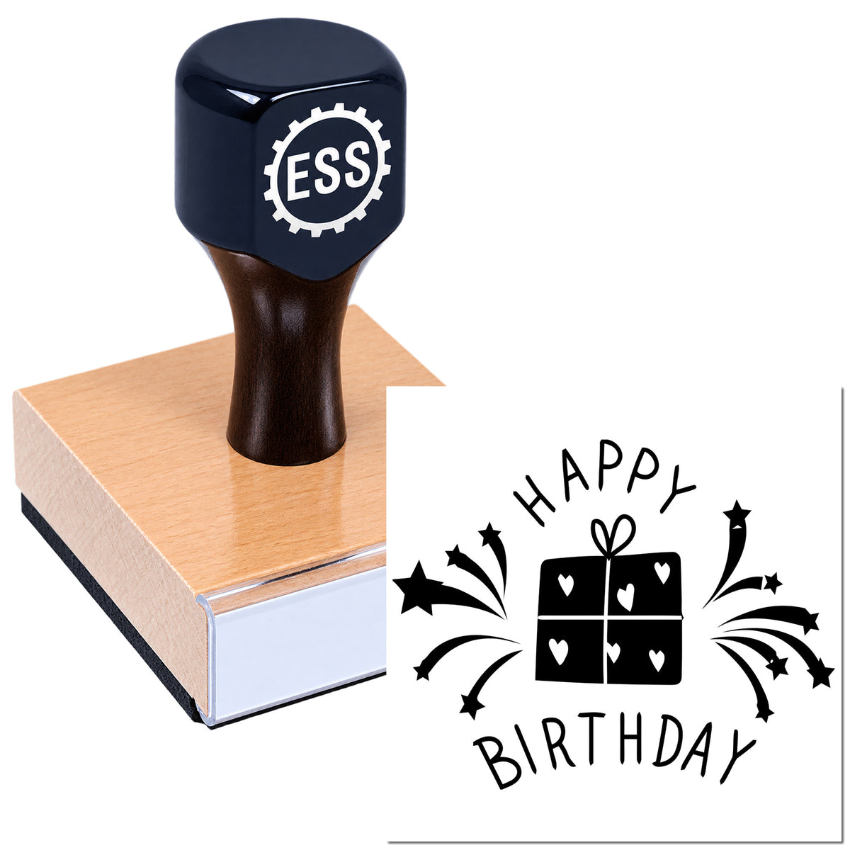 Navy ESS custom rubber stamp with pink wooden base, printing a black Happy Birthday gift seal.