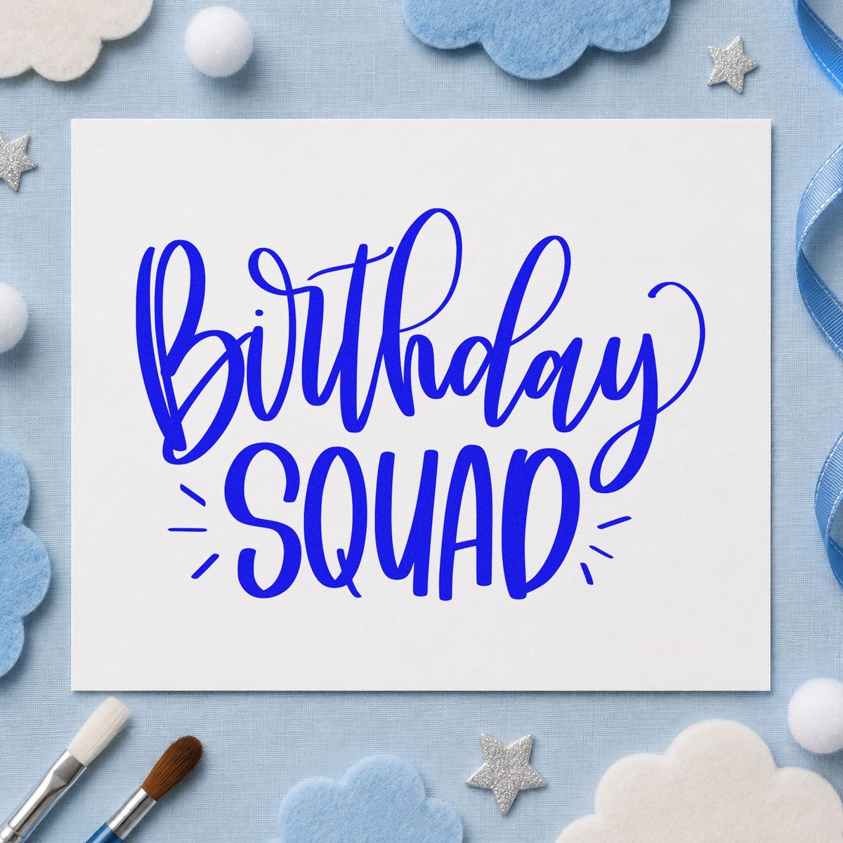 Birthday Squad Accent Lettering craft stamp in blue ink on cardstock, an easy option for run tee printing.