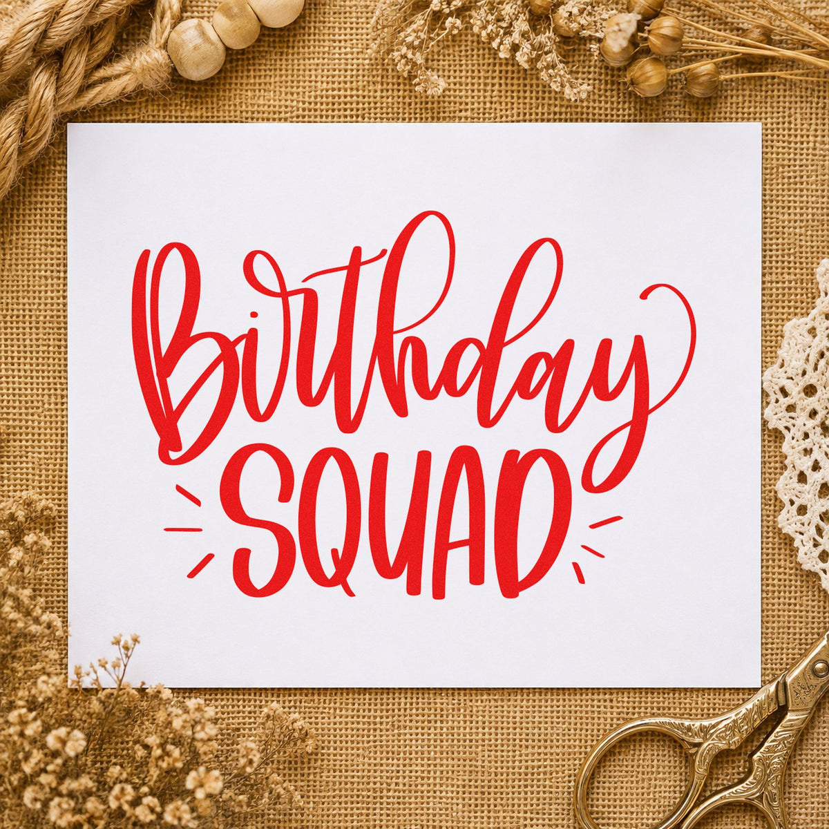 Birthday Squad Accent Lettering rubber stamp shown in red ink, stamped for projects such as bin kit labels.