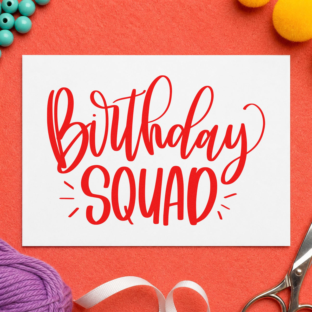 Birthday Squad Accent Lettering craft stamp imprint in red ink on a handmade project, one idea being route map cards.