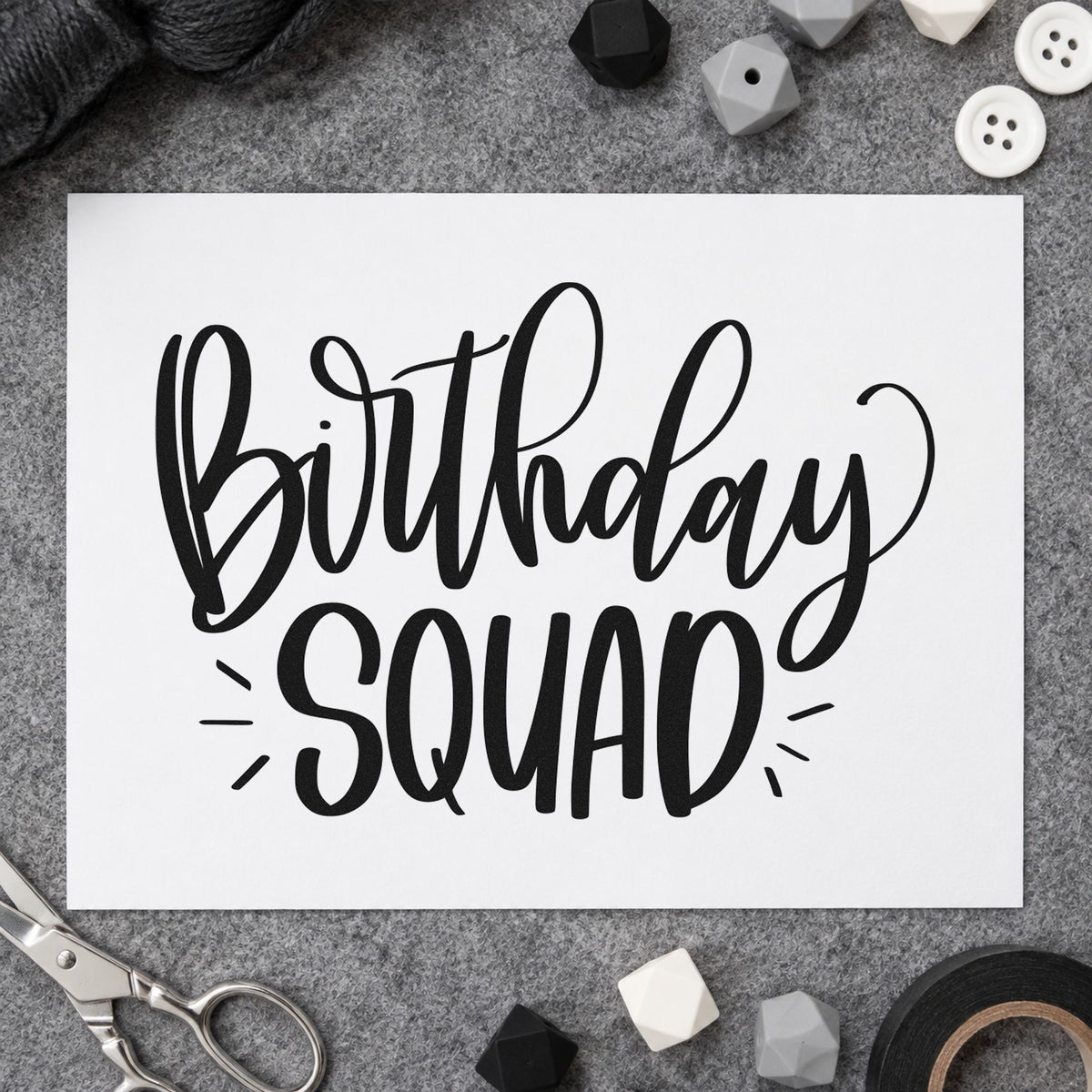 Birthday Squad Accent Lettering rubber stamp printed in black ink, ready for tall capital cards and similar paper crafts.