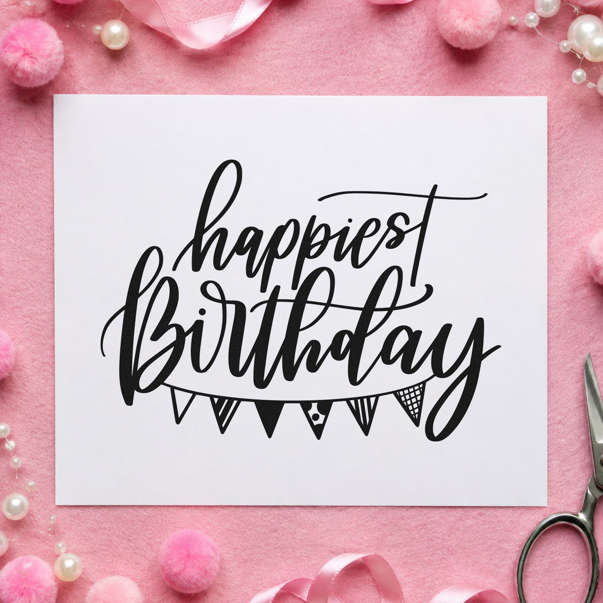 Happiest Birthday Pennant Bunting craft stamp in black ink on cardstock, an easy option for market year album page.