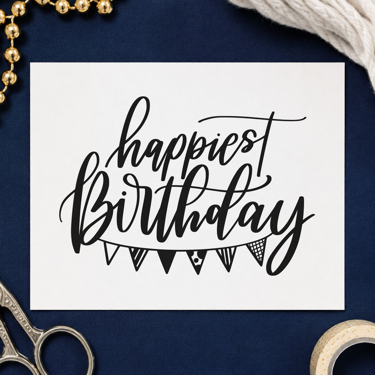 Happiest Birthday Pennant Bunting rubber stamp printed in black ink, ready for market pack sheet and similar paper crafts.