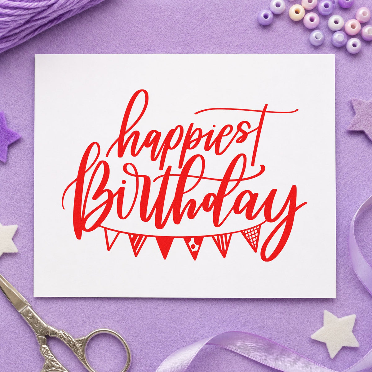 Happiest Birthday Pennant Bunting rubber stamp shown in red ink, stamped for projects such as crate display labels.