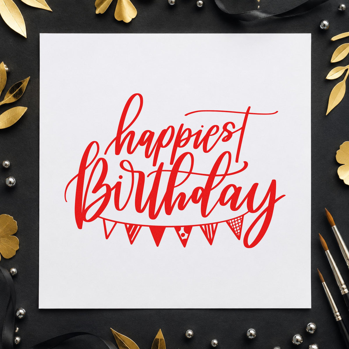 Happiest Birthday Pennant Bunting craft stamp imprint in red ink on a handmade project, one idea being shop link cards.