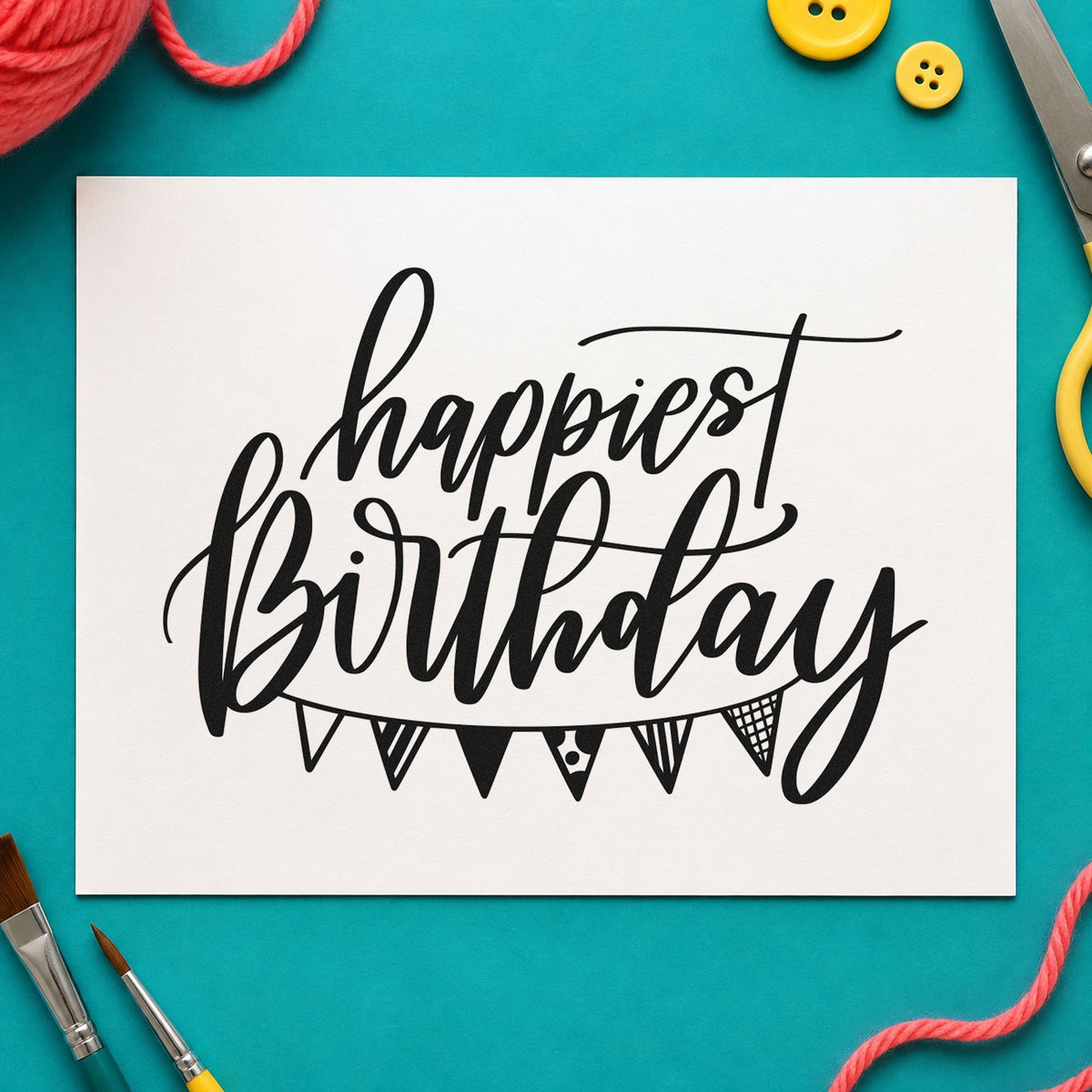 Happiest Birthday Pennant Bunting rubber stamp printed in black ink, ready for short bunting cards and similar paper crafts.