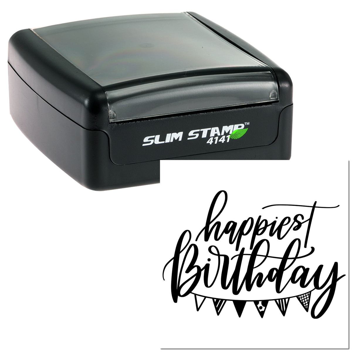 Black self-inking stamp and seal set with Slim Stamp 4141 and happiest birthday script on white background.
