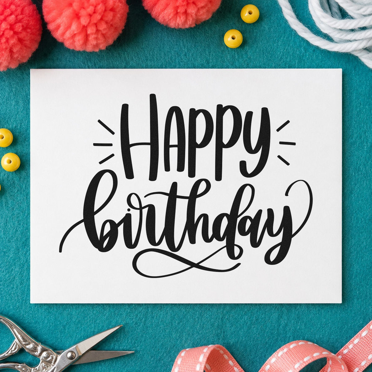 Happy Birthday Loop Flourish craft stamp imprint in black ink on a handmade project, one idea being glass hire gift tags.