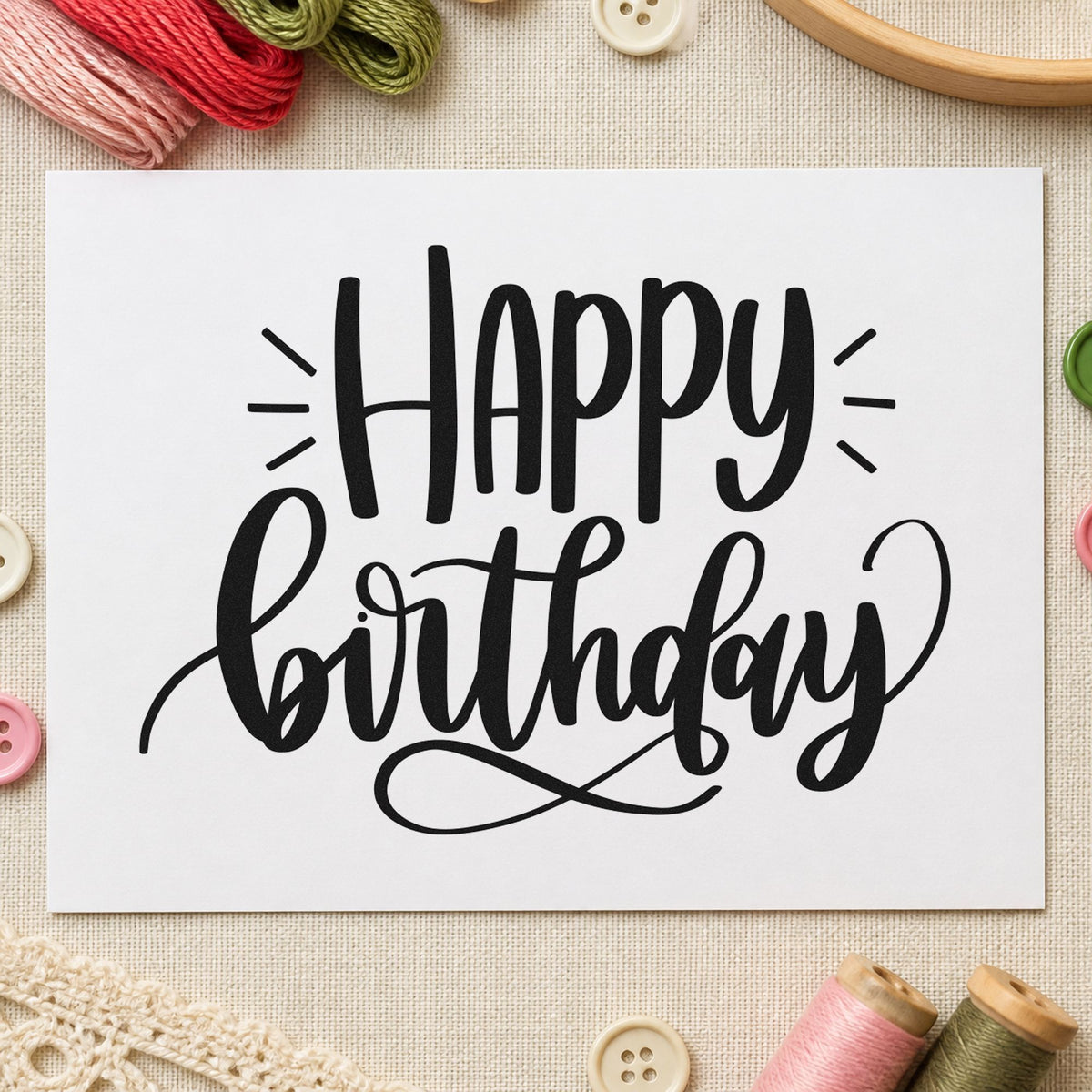 Happy Birthday Loop Flourish rubber stamp printed in black ink, ready for event book sheet and similar paper crafts.