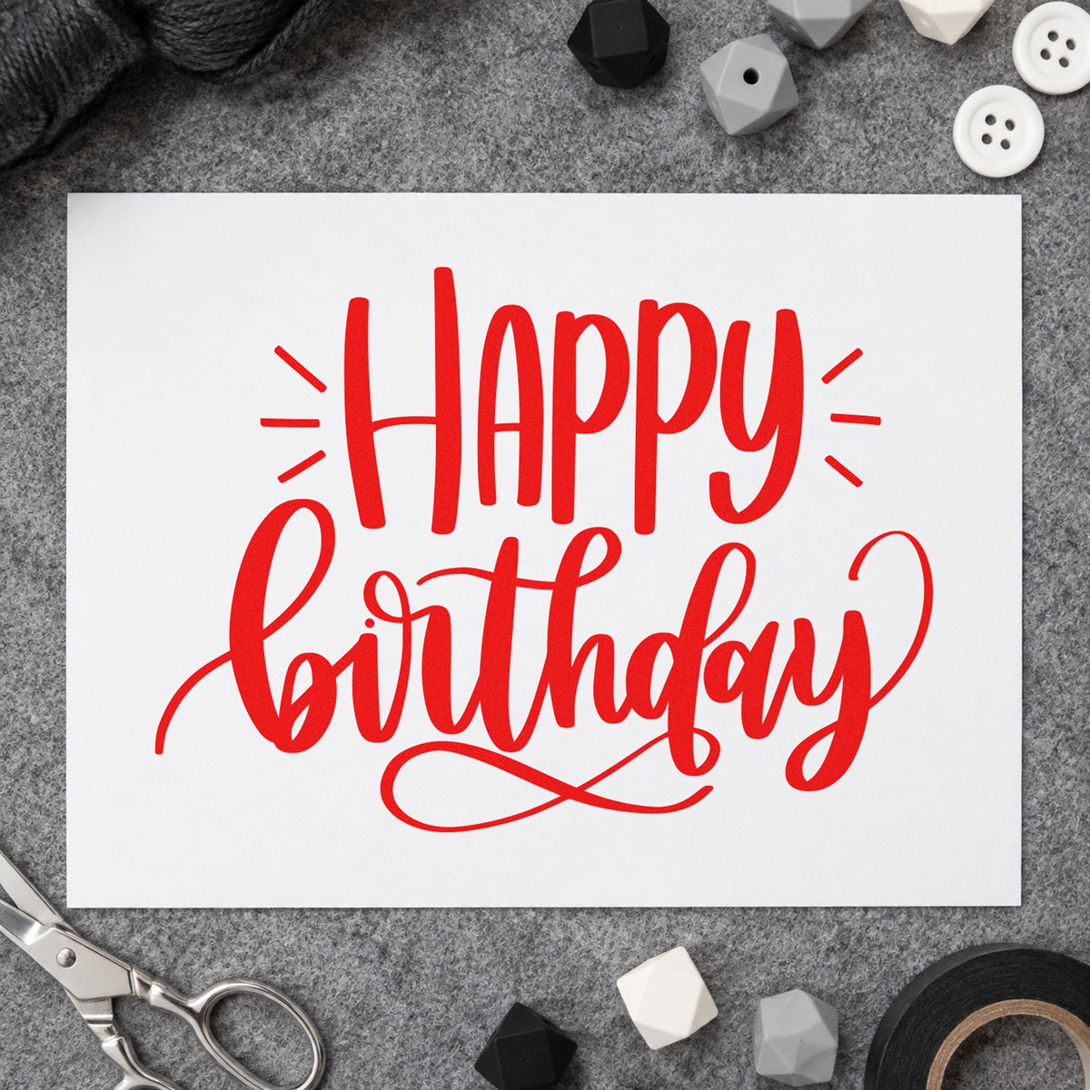 Happy Birthday Loop Flourish rubber stamp shown in red ink, stamped for projects such as crate glass labels.