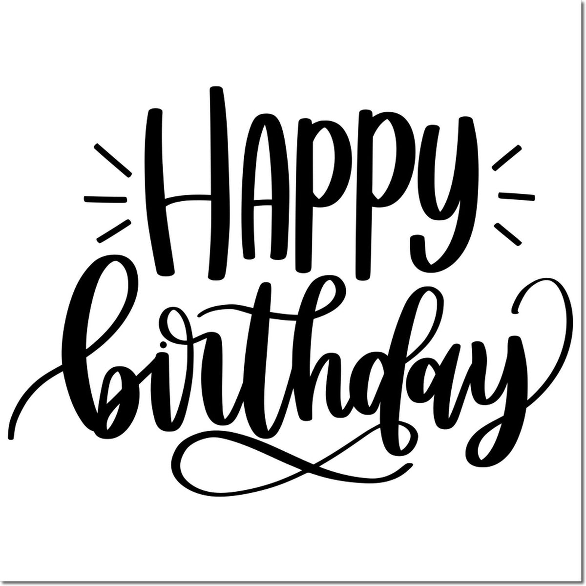 Black Happy Birthday script stamp/seal with decorative flourishes and accent lines on a white background.
