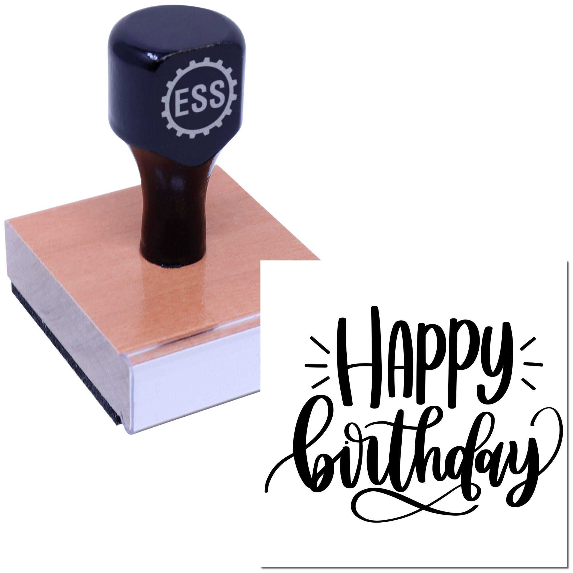 Black custom stamp with wood base and white gear logo, beside a black Happy Birthday seal design on white.