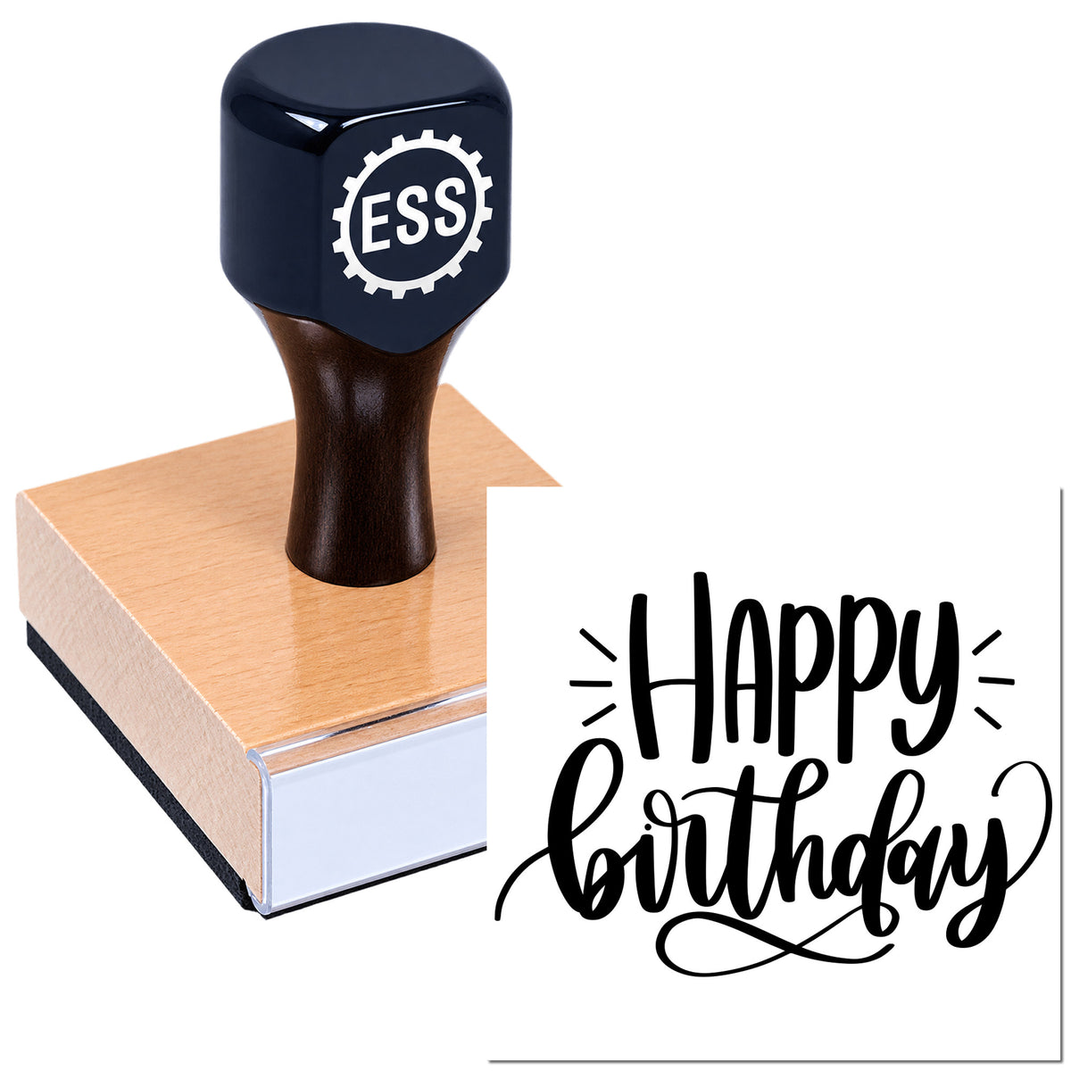 Black custom stamp with wood base and white gear logo, beside a black "Happy Birthday" seal design on white.