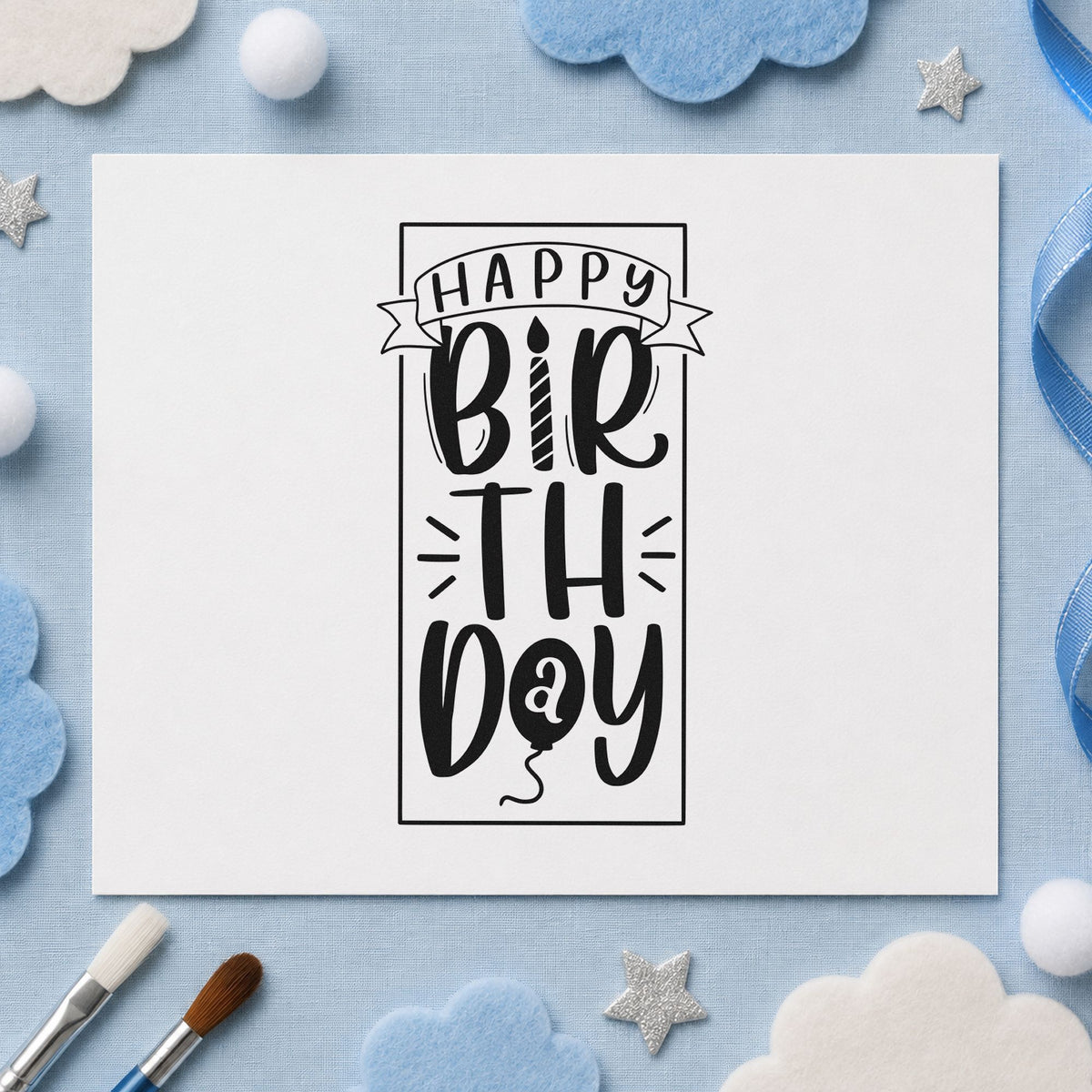 Tall Birthday Banner Frame craft stamp imprint in black ink on a handmade project, one idea being cabin gift tags.