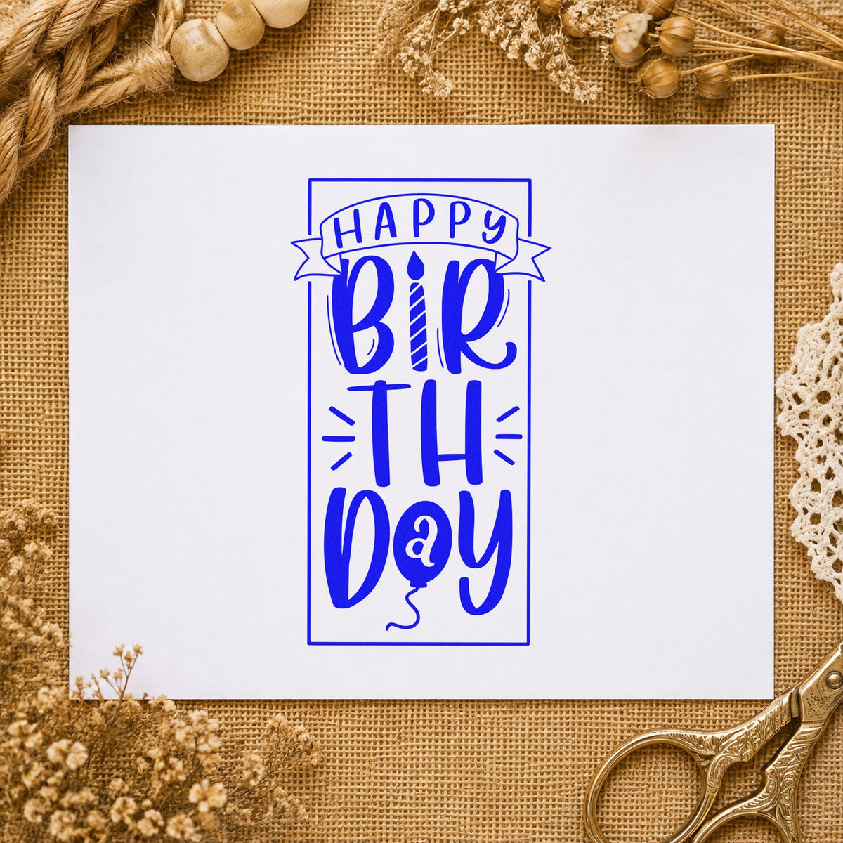 Tall Birthday Banner Frame craft stamp in blue ink on cardstock, an easy option for towel hem printing.