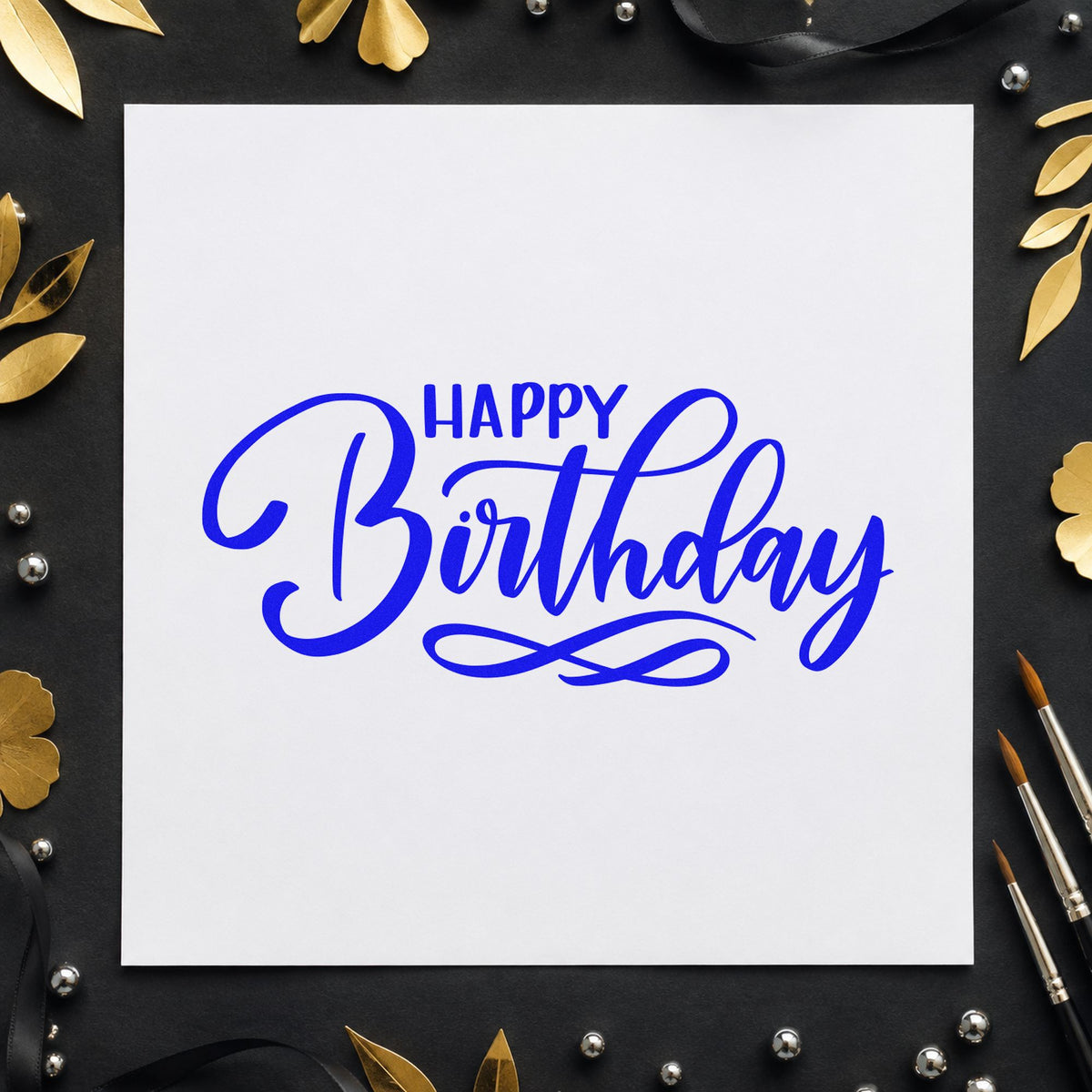 Happy Birthday Infinity Flourish craft stamp imprinted in blue ink on paper, a design suited to framed party room.