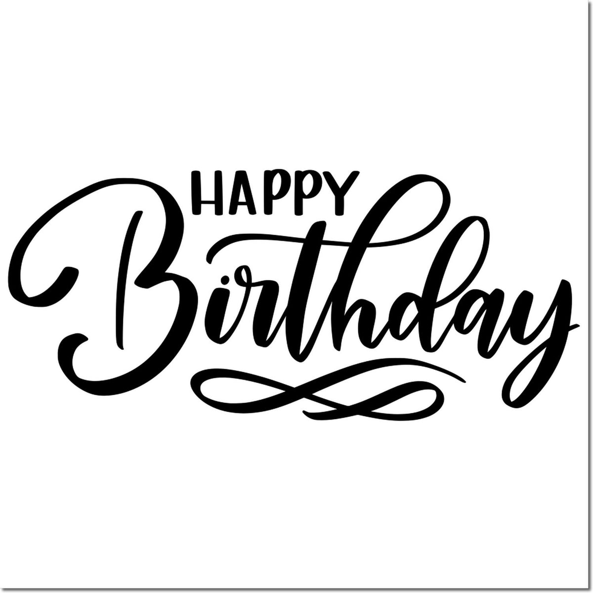 Black Happy Birthday script stamp with decorative flourishes on a white background for seals.