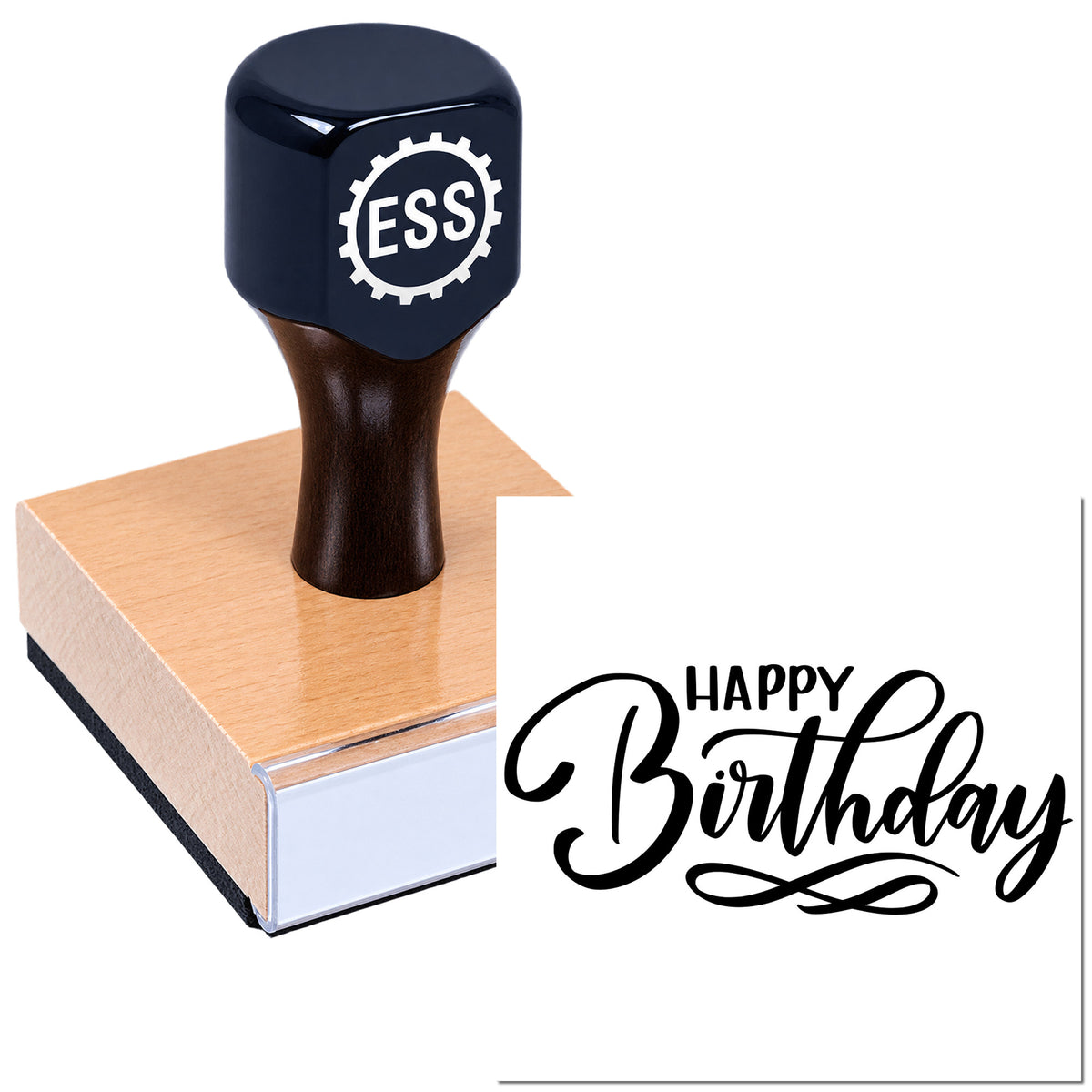 Black ESS custom rubber stamp with wooden seal base and "Happy Birthday" script design on white background.