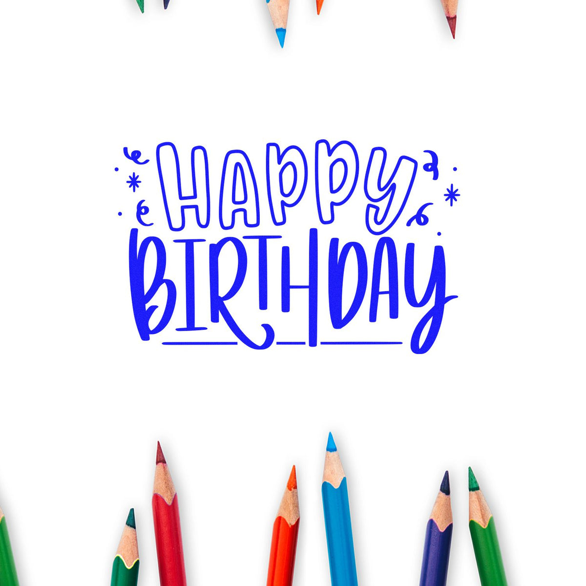 Blue Happy Birthday stamp and seal design with colorful pencils on a white background