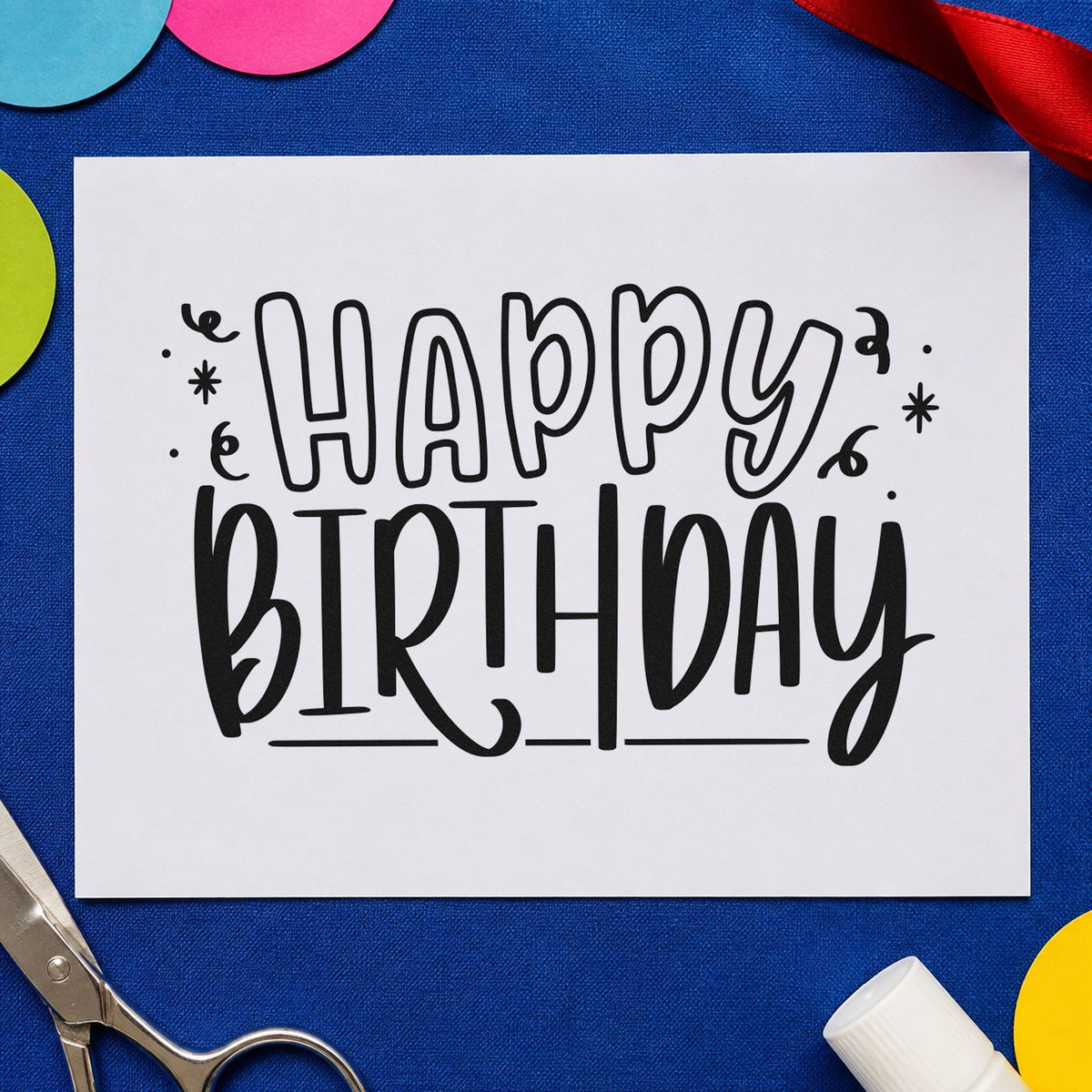 Outlined Happy Birthday Confetti craft stamp imprint in black ink on a handmade project, one idea being sticker pack gift tags.