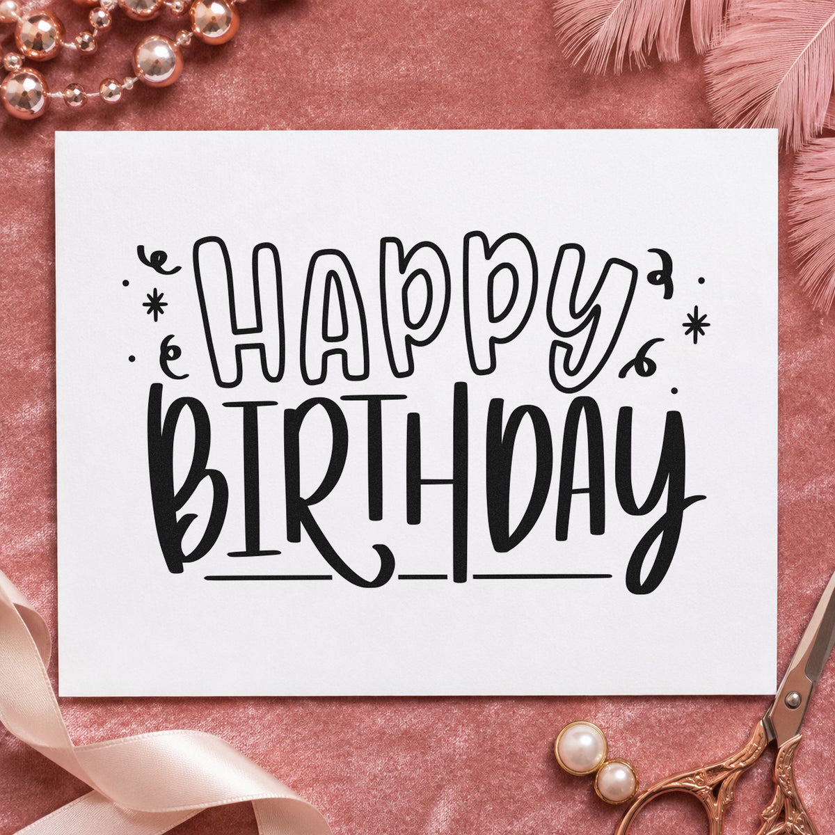 Outlined Happy Birthday Confetti rubber stamp printed in black ink, ready for drop plan sheet and similar paper crafts.