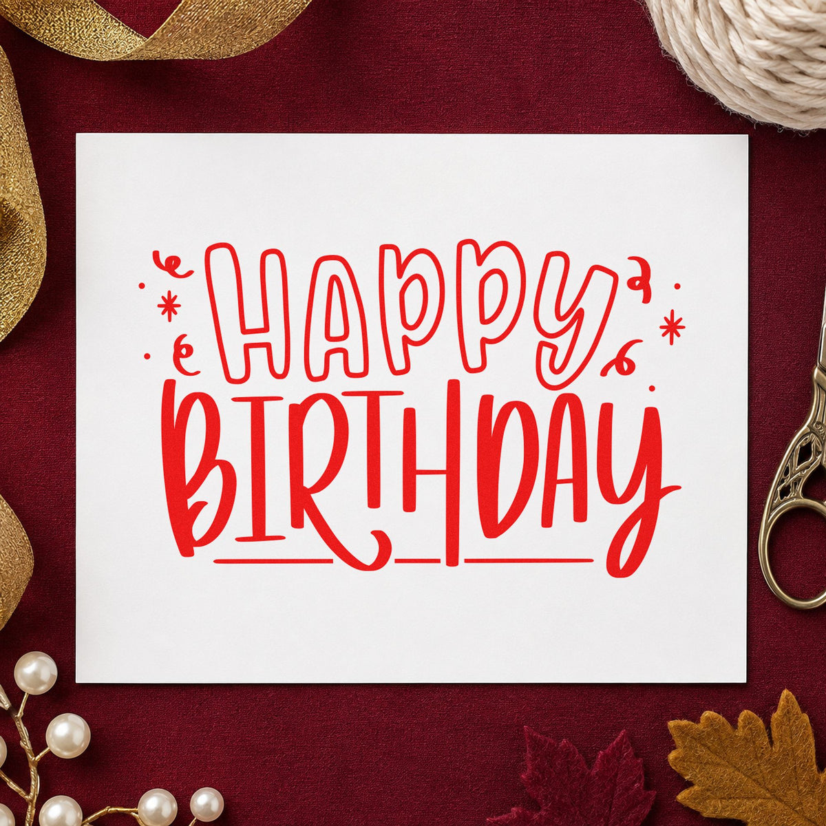 Outlined Happy Birthday Confetti rubber stamp shown in red ink, stamped for projects such as drawer design labels.