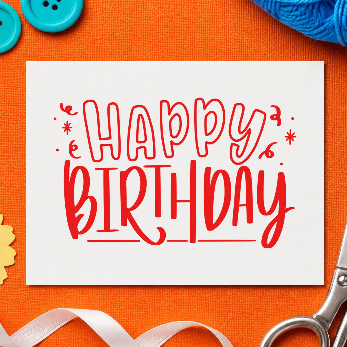 Outlined Happy Birthday Confetti craft stamp imprint in red ink on a handmade project, one idea being thank you cards.