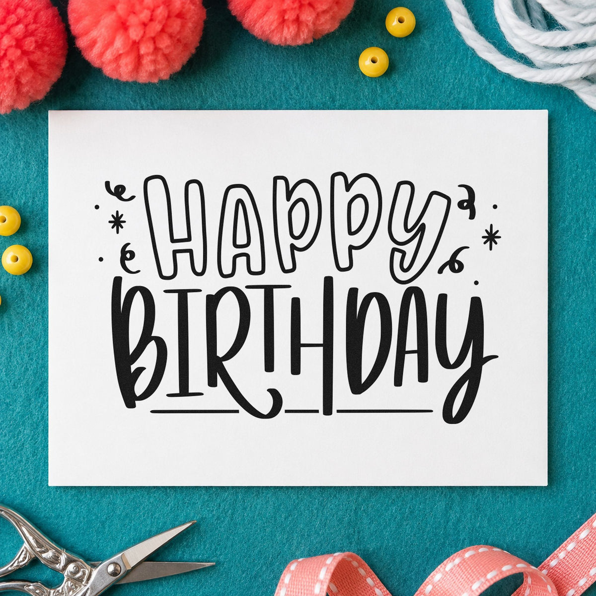 Outlined Happy Birthday Confetti rubber stamp printed in black ink, ready for tiny star cards and similar paper crafts.