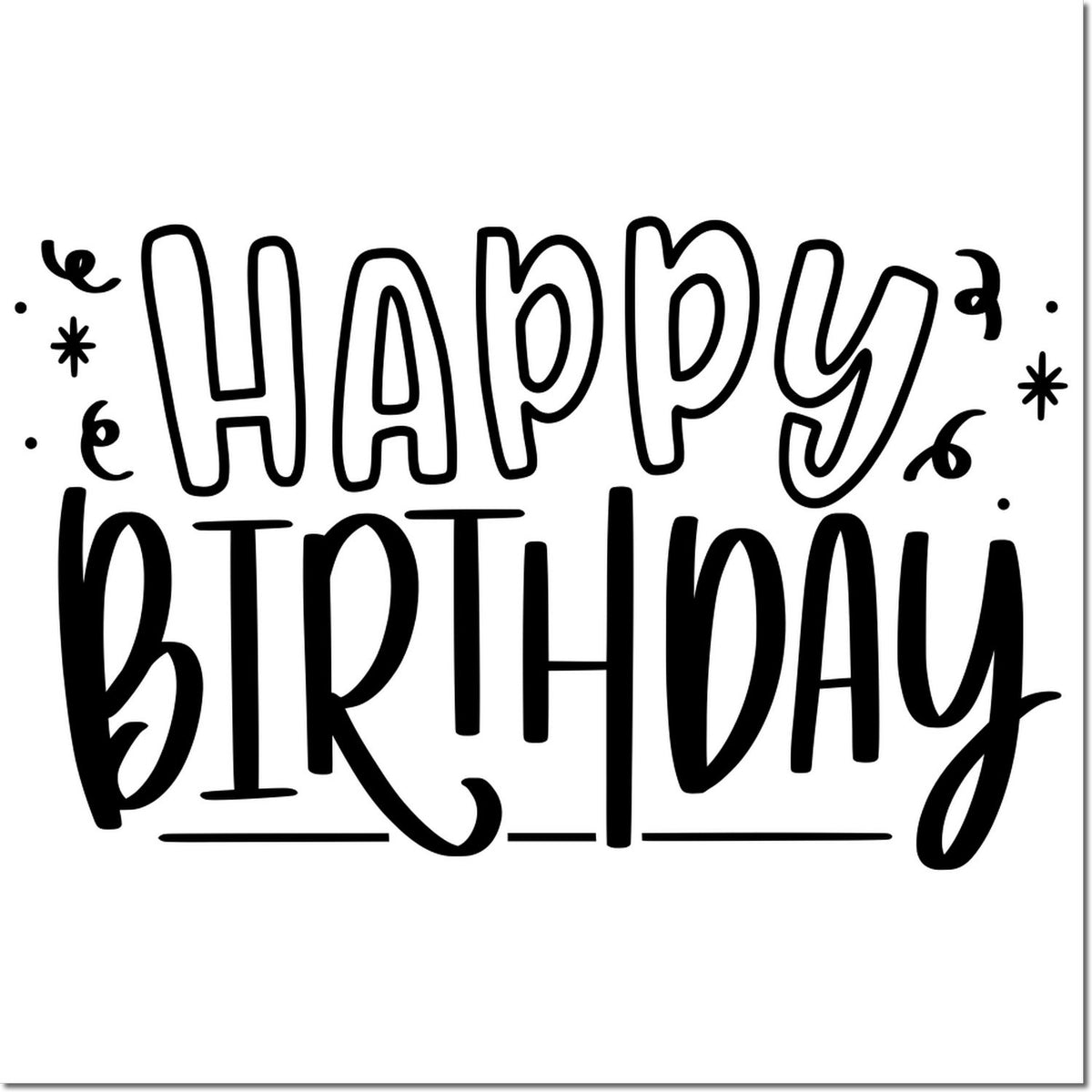 Black Happy Birthday stamp and seal design with decorative stars and swirls on a white background.
