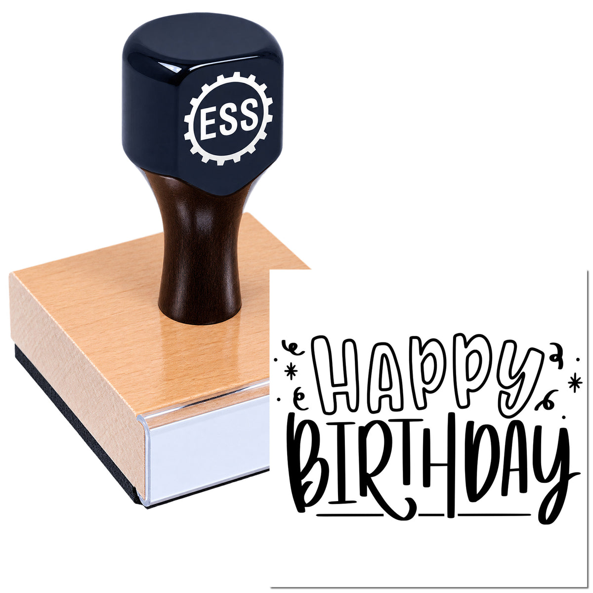 Black ESS stamp and seal on a wood block, imprinting "Happy Birthday" in bold black lettering.