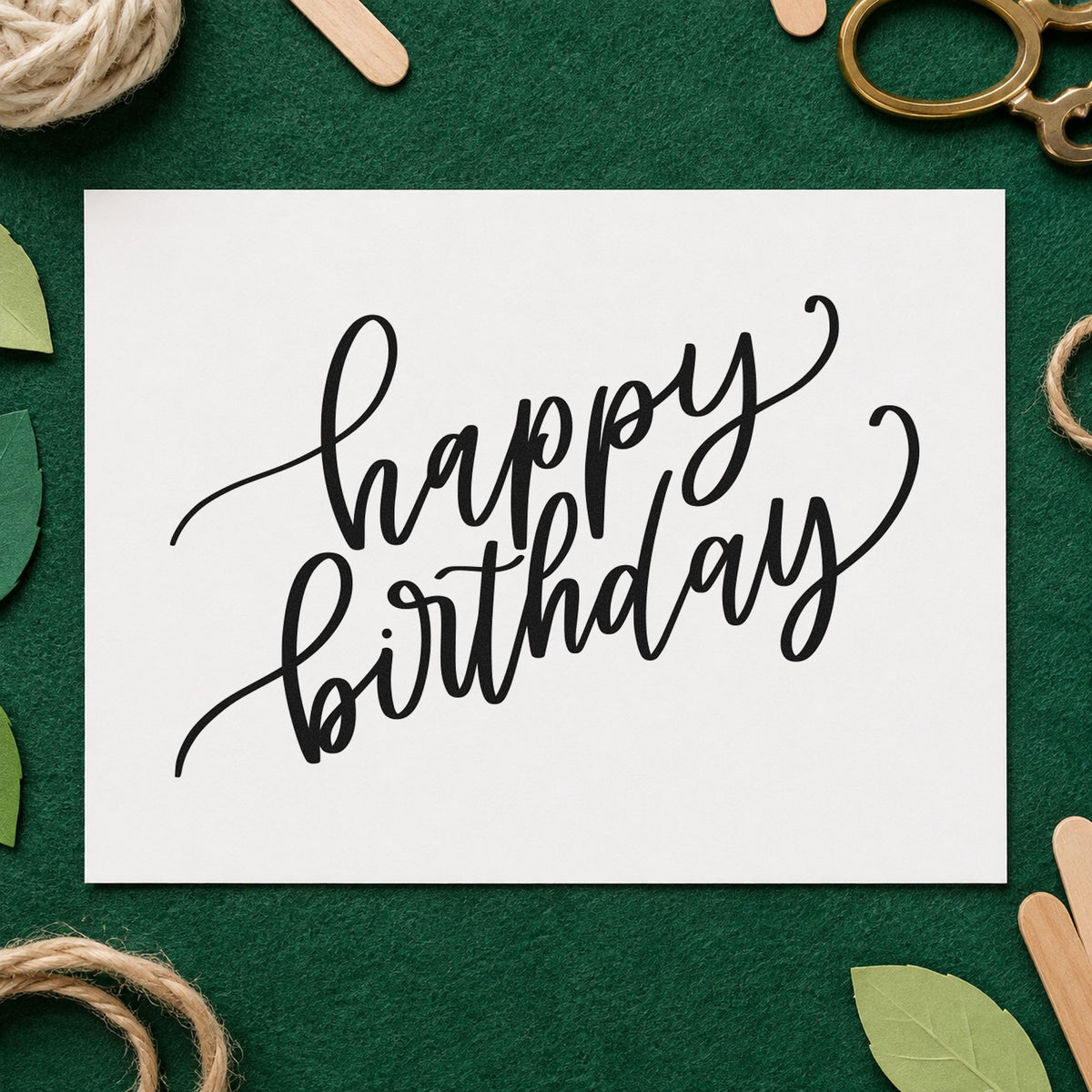 Happy Birthday Diagonal Script craft stamp in black ink on cardstock, an easy option for service year album page.