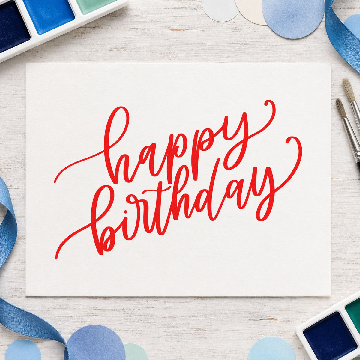 Happy Birthday Diagonal Script rubber stamp shown in red ink, stamped for projects such as bin award labels.