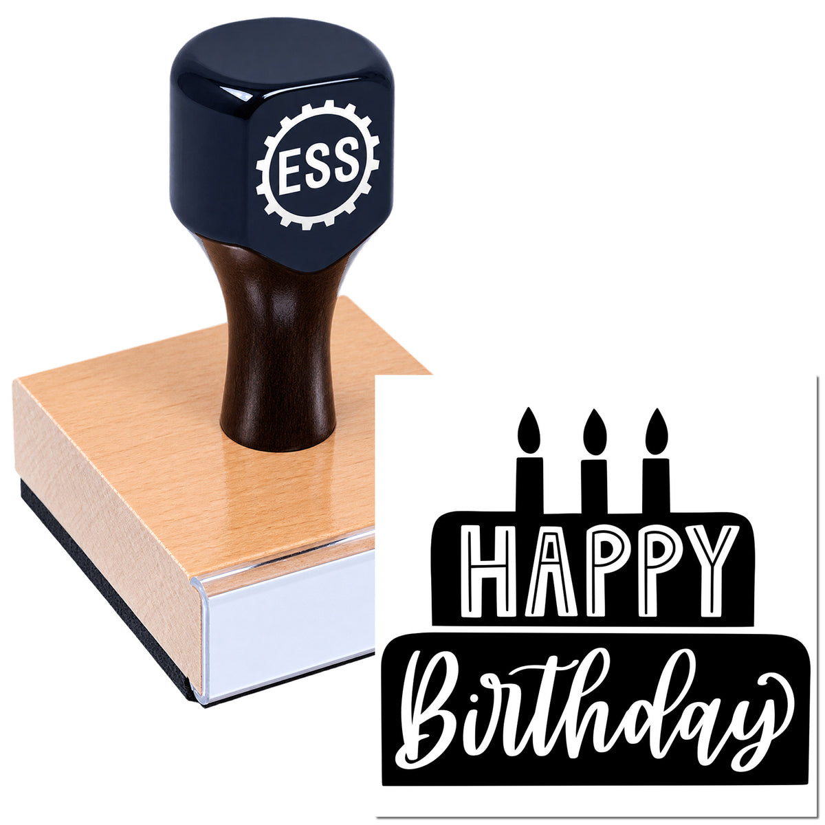 Dark blue stamp and copper seal block with black-and-white Happy Birthday birthday cake graphic.