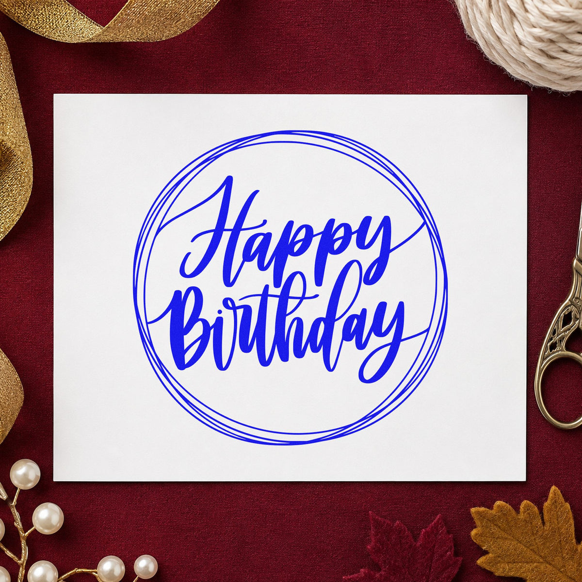 Happy Birthday Circular Frame craft stamp in blue ink on cardstock, an easy option for knee pad printing.