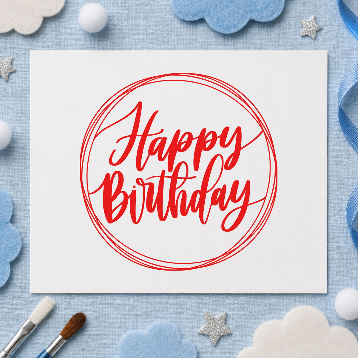 Happy Birthday Circular Frame rubber stamp shown in red ink, stamped for projects such as bin color labels.
