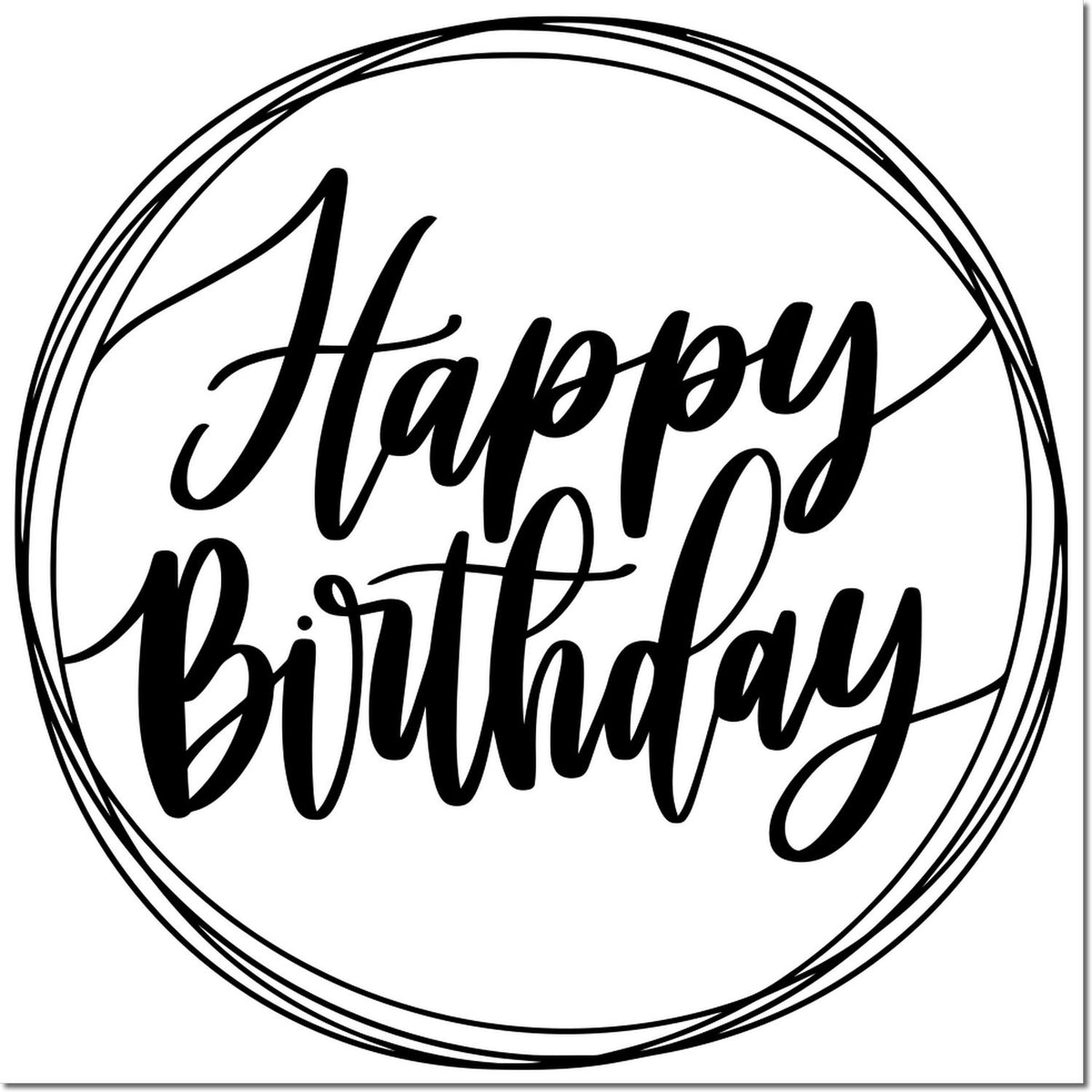 Black circular birthday stamp seal with handwritten Happy Birthday lettering and double-ring border.