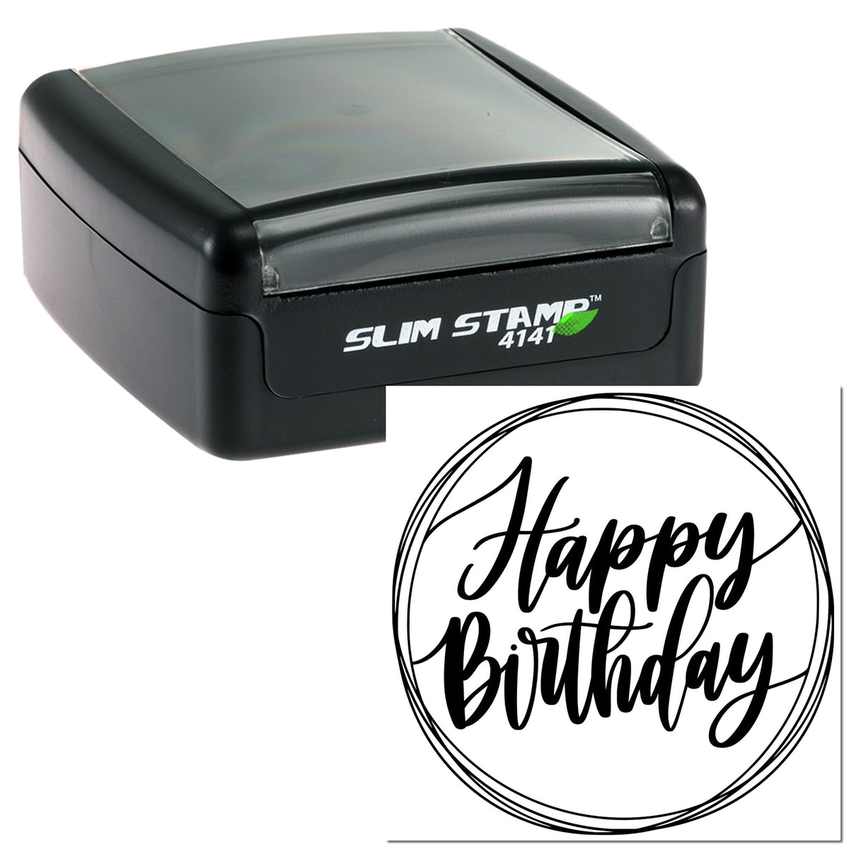 Black Slim Stamp 4141 self-inking stamp and circular Happy Birthday seal design on a white background.