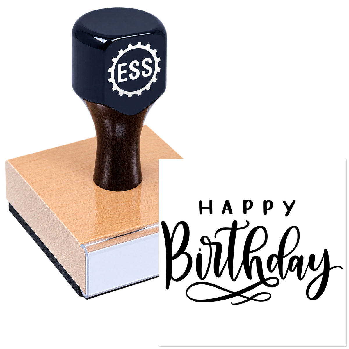 Black ESS rubber stamp and wooden seal block with copper base, beside a white Happy Birthday stamp seal design.