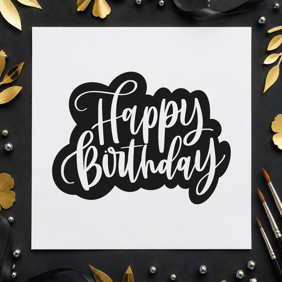 Birthday White Script Silhouette craft stamp in black ink on cardstock, an easy option for neon year album page.