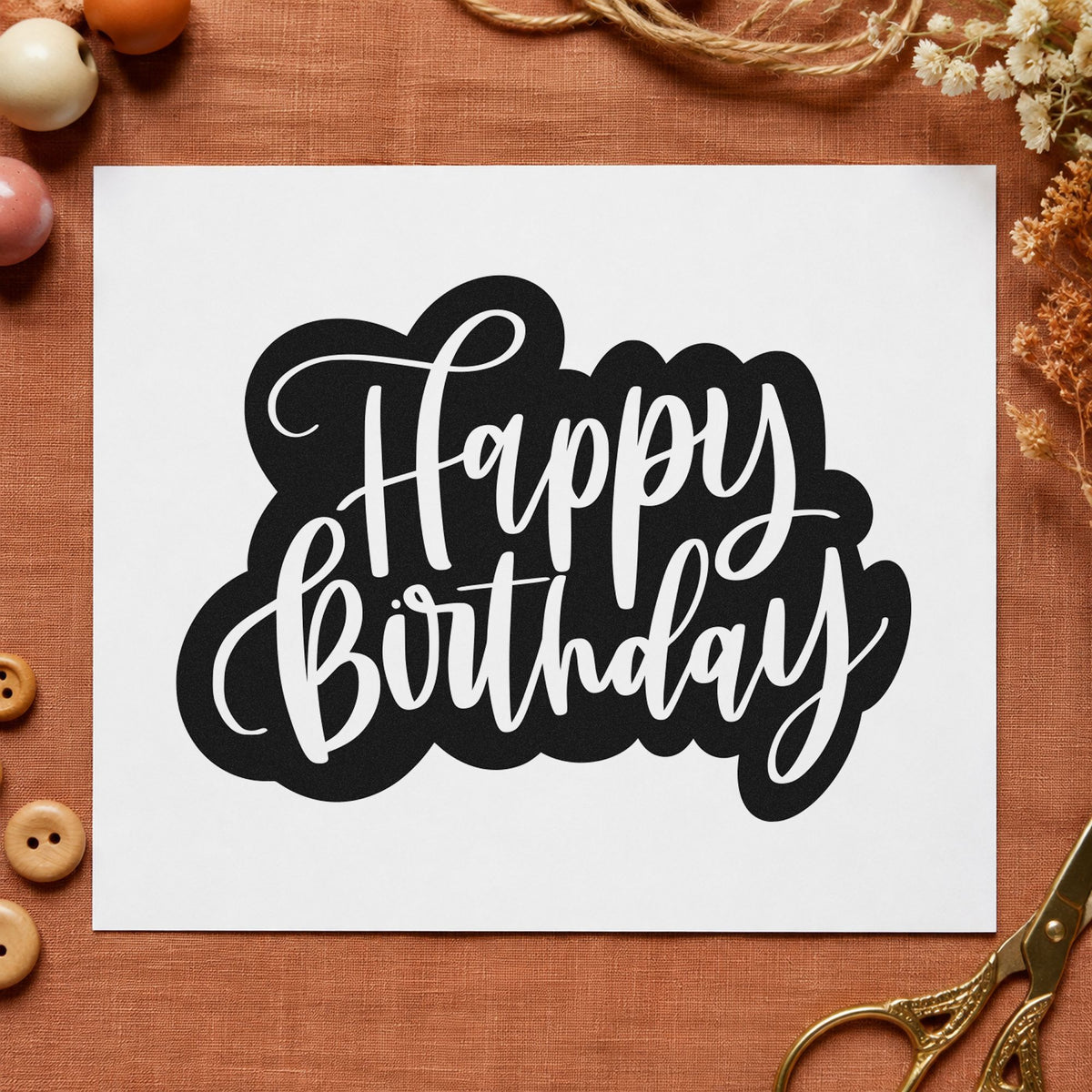 Birthday White Script Silhouette rubber stamp printed in black ink, ready for job queue sheet and similar paper crafts.