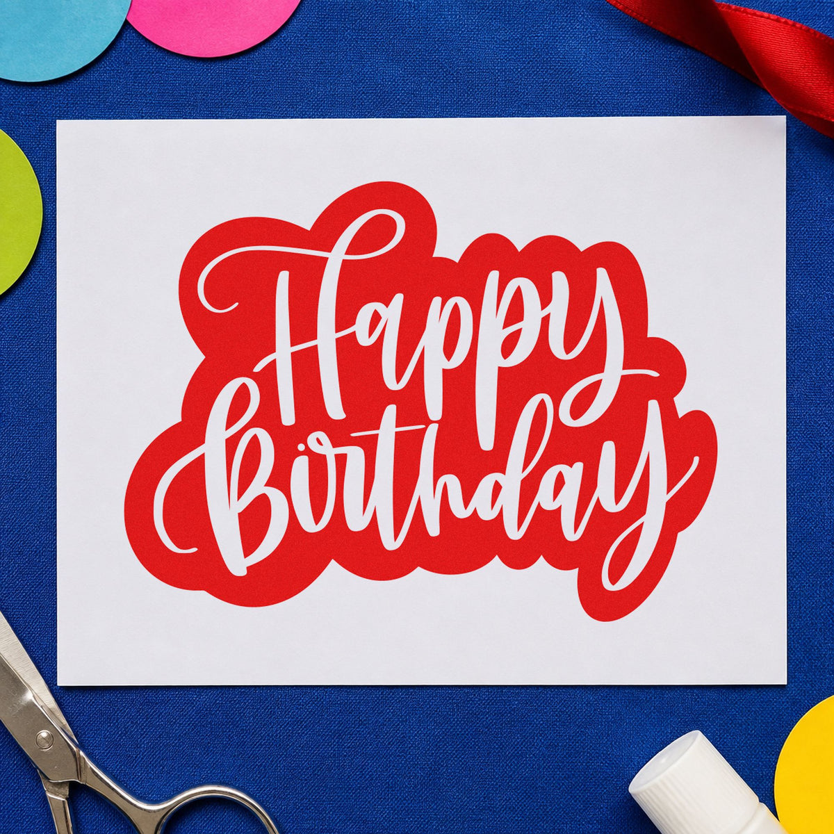 Birthday White Script Silhouette rubber stamp shown in red ink, stamped for projects such as bin tube labels.