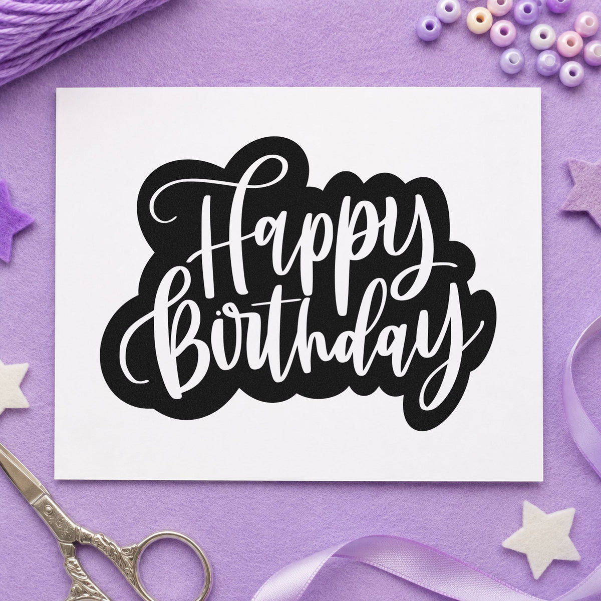 Birthday White Script Silhouette rubber stamp printed in black ink, ready for irregular outline cards and similar paper crafts.