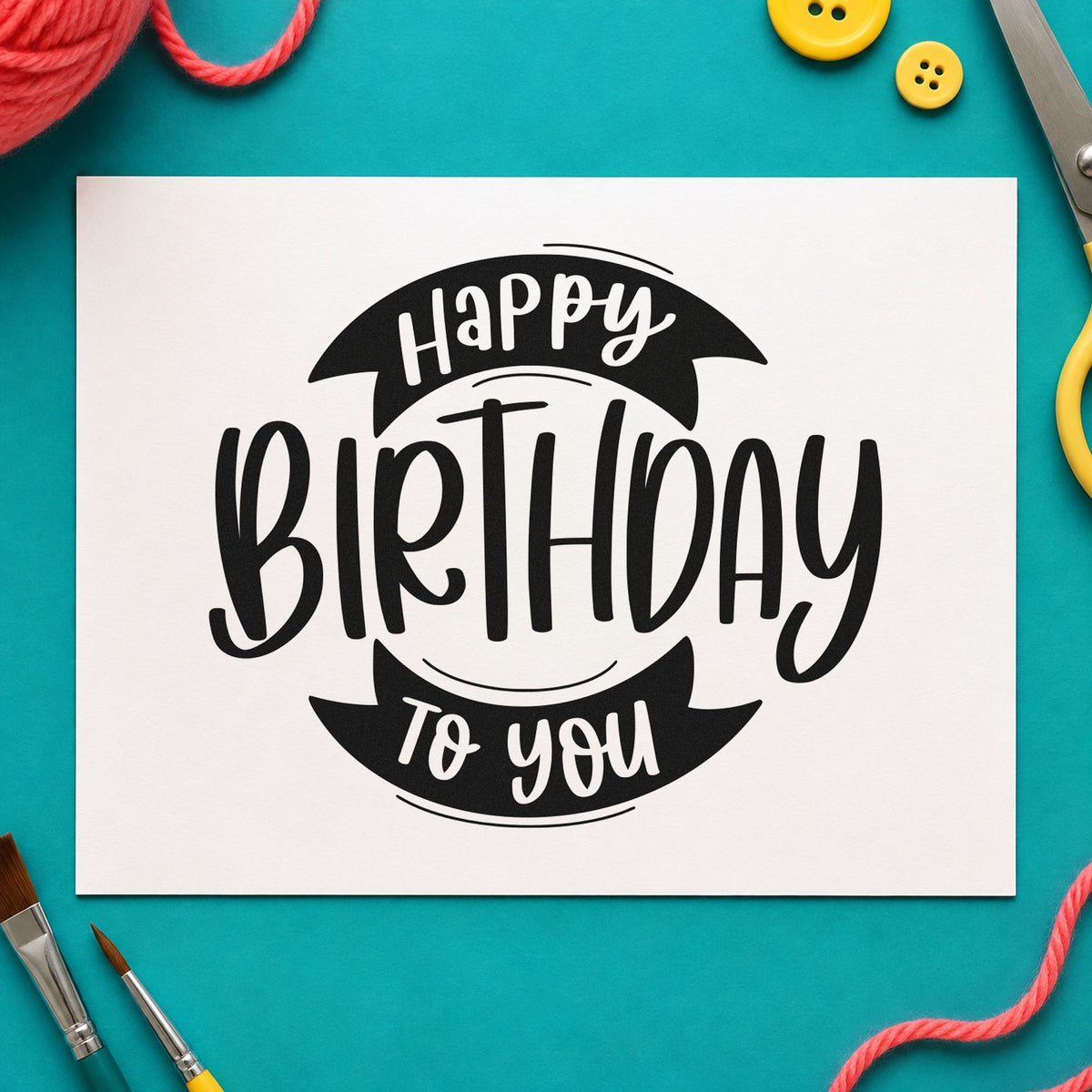 Birthday To You Ribbon rubber stamp printed in black ink, ready for two ribbon cards and similar paper crafts.
