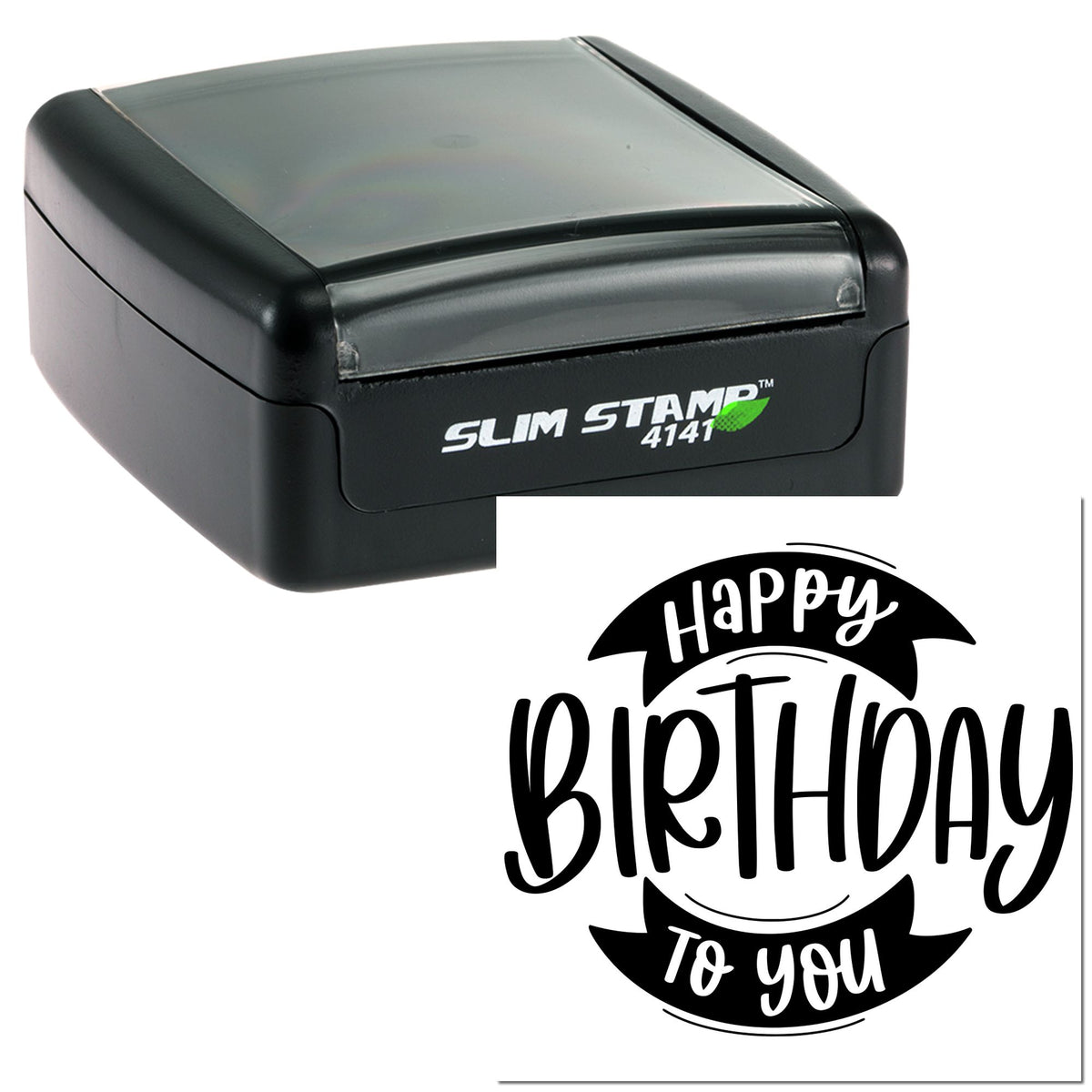Black Slim Stamp 4141 self-inking stamp with transparent lid and circular black-and-white Happy Birthday seal design.
